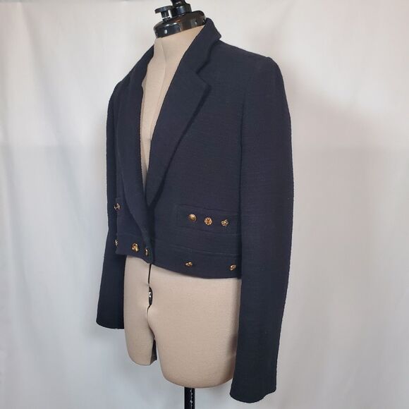 Zara Women's Blazer Large Black Textured Tweed Cotton Gold Detailed Buttons - Picture 4 of 13